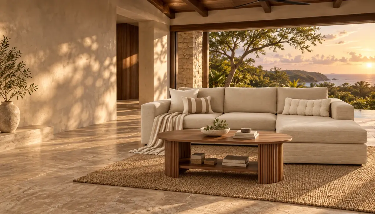 Siena sofa and Orlen coffee table in a sunlit tropical interior