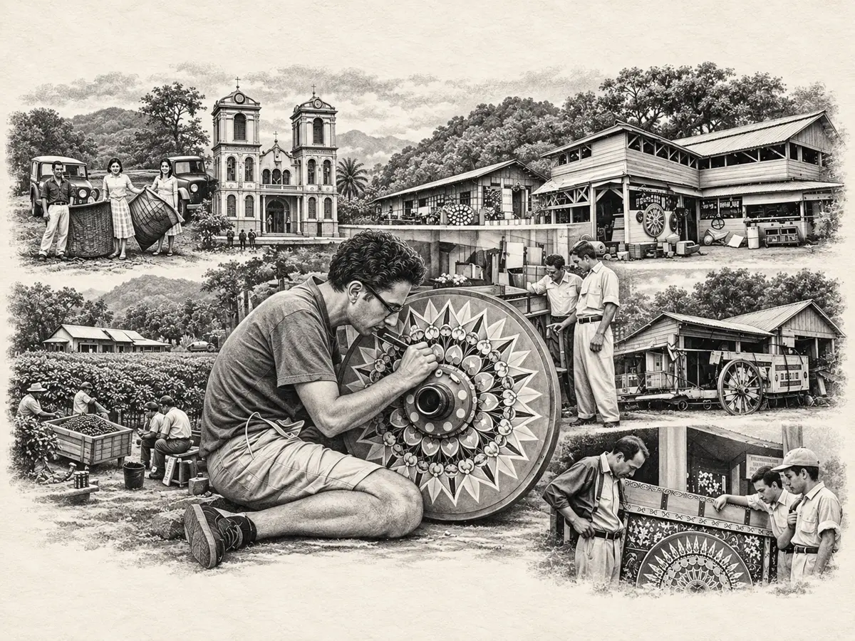 Sarchí craftsmanship and coffee heritage illustration